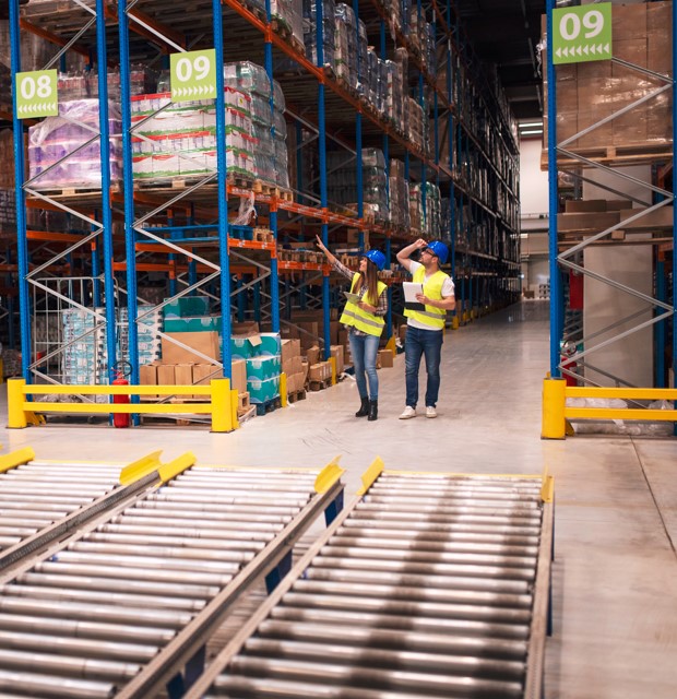 Warehouse manager reviewing operations on a laptop